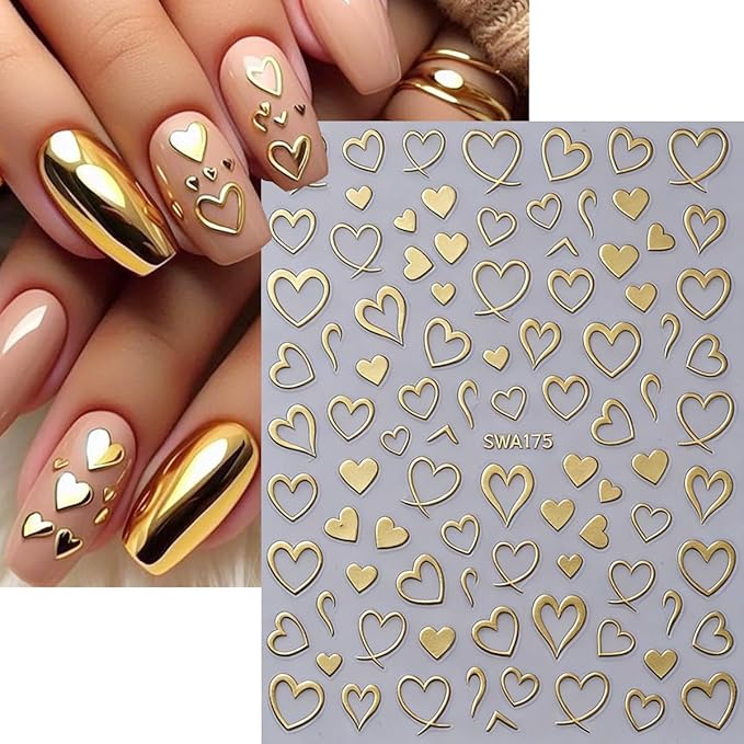 6 Sheets Valentines Day Nail Stickers 3D Self Adhesive Hearts Nail Art Stickers Gold Silver Black White Pink Red Hollow Love Hearts Design Valentine Nail Decals Nail Art Stickers for Acrylic Manicure