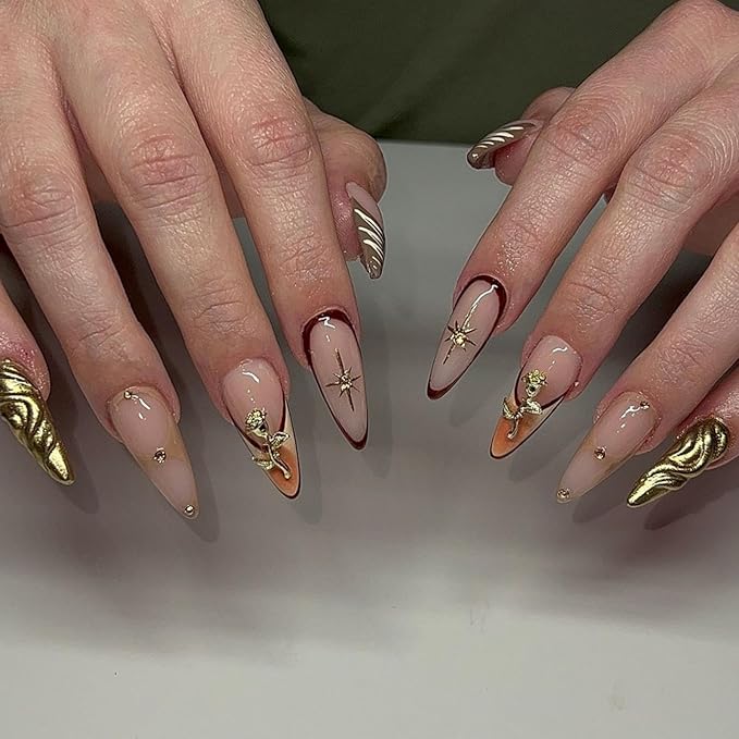 Gold French Tips Press on Nails - Medium Almond Fake Nails - Star Rose Charm Design Rhinestone Glue on Nails - 3D Water Ripple False Nail Glossy Summer Stick on Nail for Women Manicure 24Pcs