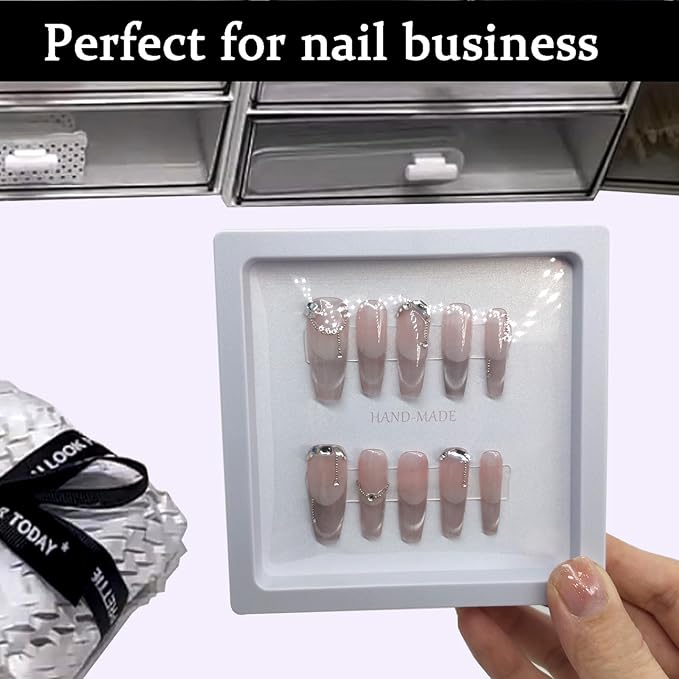 Press On Nail Packaging Boxes - 3D Floating Storage and Display Box With 60pcs Double Sided Adhesive Tape for Nail Tech (White, 4.3 Inch)