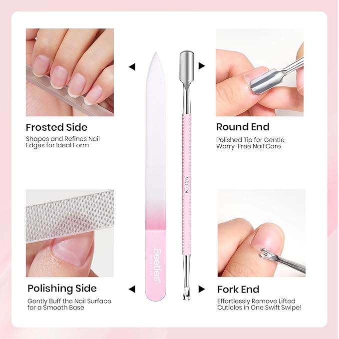 Beetles Cuticle Oil Cuticle Remover Nail Kit with Glass Nail Files Double Side Nails Prep Kit Cuticles Pusher Dual End Cuticles Remover Set Nails Clippers Dust Brush Manicure Set with Storage Pouch