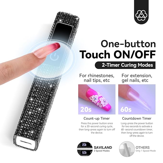 SAVILAND Black U V Light for Gel Nails: Handheld 12W 8X Speed Nail Flash Cure Lamp with Dual Timer & Touch Screen & LCD Display Screen Portable 400 mAh LED Flash Cure Light Nail Art Home