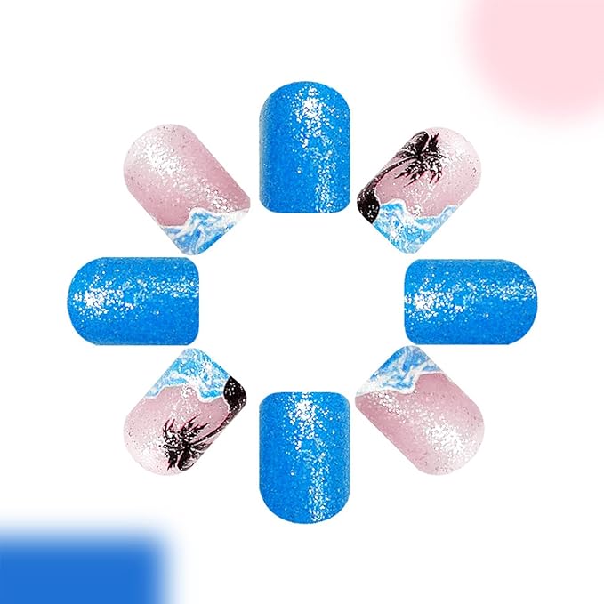 Blue French Tip Press on Nails Short Square Fake Nails with Designs Ocean Sea Waves Glue on Nails Coconut Tree Acrylic Nails Summer Artificial Nails Glitter Full Cover Stick on Nails for Women