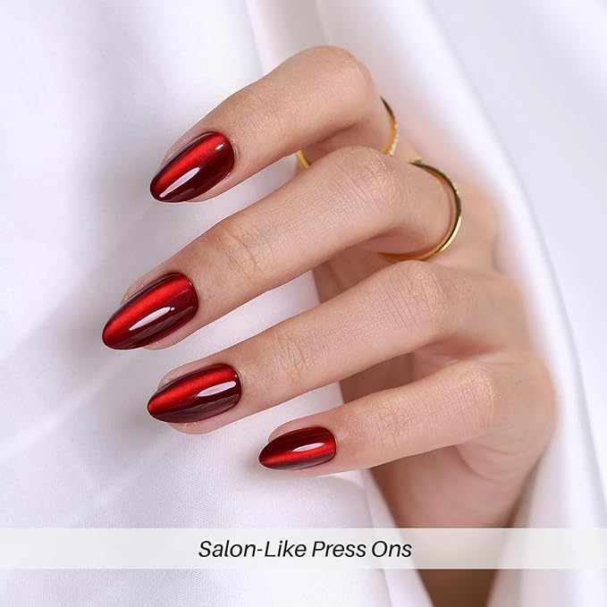 Dark Red Cat Eye Press on Nails Almond - SHANGMENG Soft Gel Valentines Short Press on Nails for Women Gift, Glossy Glue on Nails in 16 Sizes - 32 Reusable Fake Nails Kit with Glue, Wine