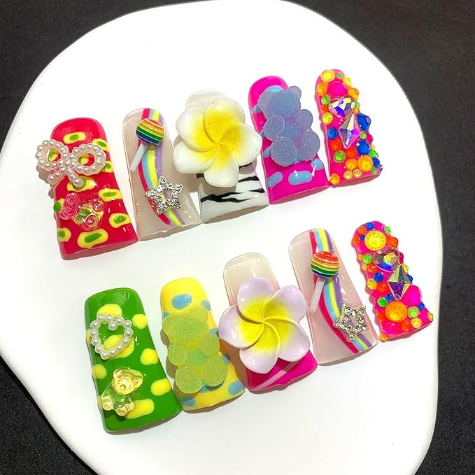 Handmade Press on Nails Medium Duck Fake Nails 3D Flower False Nails Colorful Twinkle Candy Artificial Acrylic Thick Stick on Nails Handmade for Women Manicure Art Decorations (Size M)