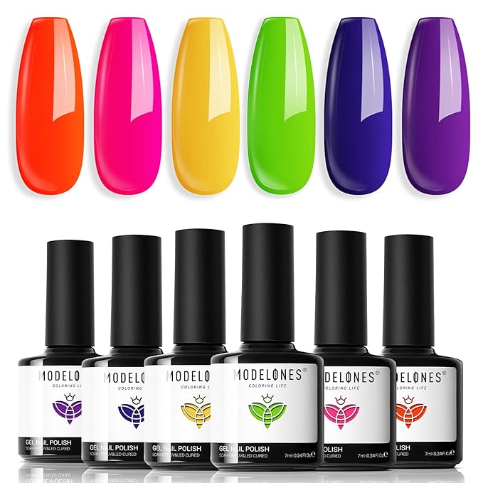modelones Neon Gel Nail Polish Set, 6 Colors Summer LGBT Neon Bright Hot Pink Green Navy Blue Purple Orange Yellow Nail Gel Kit Soak Off Nail Art Design Manicure DIY at Home Salon Gift Unisex
