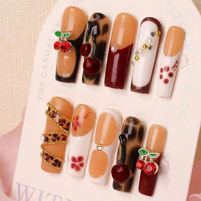 Red Cherry Press on Nails Handmade Long Square Fake Nails 3D Pearl Steel Ball Charms Designs Thicked French Tips False Nails Handmade Press on Nails Full Cover Stick on Nails for Women (M)