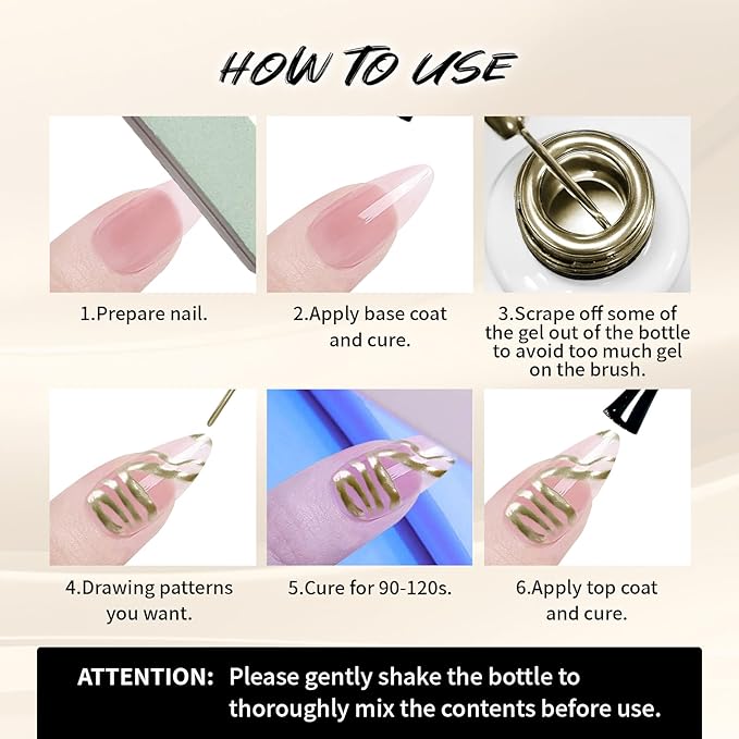 12ml Metallic Painting Gel Liner Nail Art 3D Mirror Chrome Effect Nail Polish Metal Painted Drawing Build in Thin Brush Soak Off UV/LED Bronze Gold Striper Gel for Nail Art Manicure