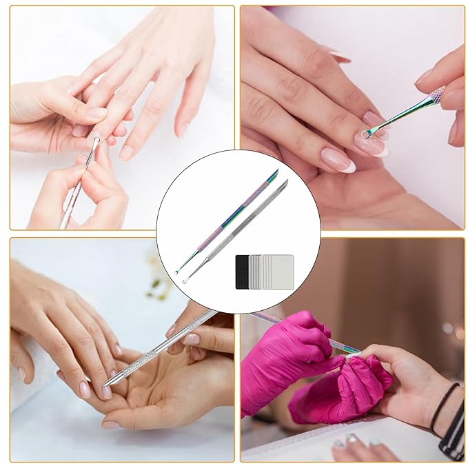 2 Pack Professional Nail Polish Around Cuticle Remover Tools, Pre-treatment Cuticle Pusher with 15 Sheets 100/180/240 Grit Sandpaper, Dual-Ended Russian Nail Polish for Manicure Pedicure Salon