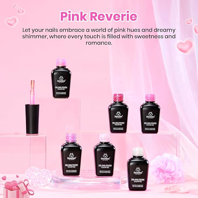 Beetles Pink Gel Nail Polish Set - 6 Colors Shimmer Nail Polish Nail Kit Hot Pink Pearl White Glitter Color Gel Pink Reverie Collection Soak Off Uv LED Nail Lamp Spring Gift for Women & Girls