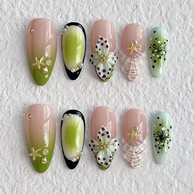 Handmade Press on Nails Medium Almond Nails 3D Green Floral Carved Press Ons Nails Nude Pink Fake Nails Press on Nail Glossy French Tip False Nails with Glue for Women Reusable Acrylic Nails (Size M)