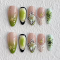 Handmade Press on Nails Medium Almond Nails 3D Green Floral Carved Press Ons Nails Nude Pink Fake Nails Press on Nail Glossy French Tip False Nails with Glue for Women Reusable Acrylic Nails (Size M)