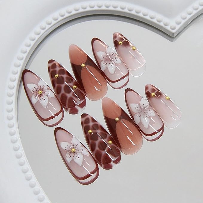 Handmade Medium Almond Press on Nails MABKJLF Red French Tip Fake Nails False Nails with Flower Cherry Leopard Print Gold Bow Designs Glossy Glue on Nails Stick on Nails for Women Girls 24Pcs