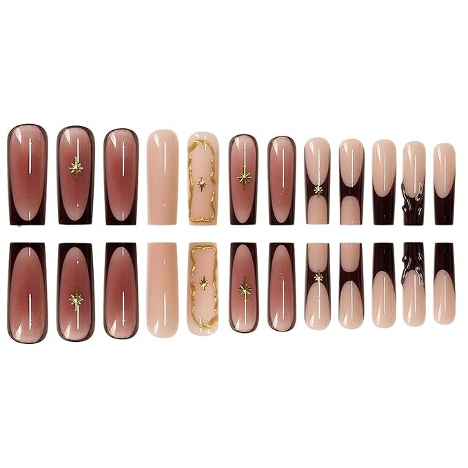 Long Square Press on Nails Fake Nails Artificial Nail Stick on Nail for Women Elegant Brown & Gold Design with Star & Clear Sparkle Accents for Women 24pcs
