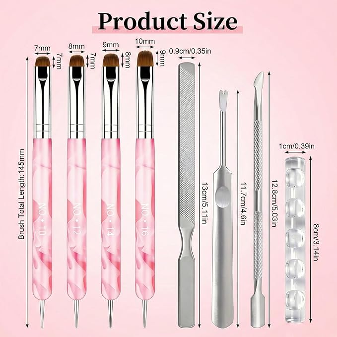 4Pcs French Tip Brush for Nails, Dual-Ended Nail Art Brushes Set with Nylon Bristles for Precision Smile Lines, Gel Polish Cleanup Brush with Resin Holder and 3pcs Nails Tools