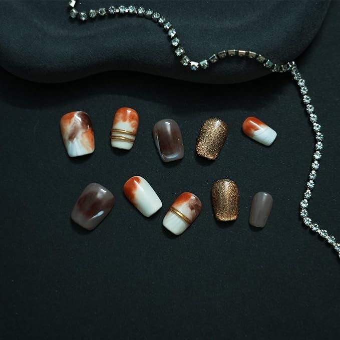 Brown Press on Nails Extra Short Coffin Nails, Handmade 3D Gold Lines & Marble Watercolor Ombre Design Glitter Artificial Luxury Acrylic Nail Set (Vintage Gold-Brown,S)