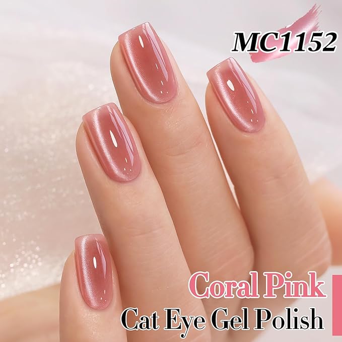 Double Rhythm 0.5 Oz Cat Eye Gel Polish with Magnet Same Color Same Bottle Holographic Glitter Shimmer Translucent Color Salon 15 ML Magnetic Nail Art (Coral Pink-MC1152)