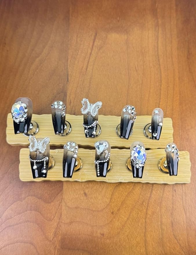 Coffin Press On Nails Medium Fake Nails Handmade False Nails Black White Diamond ButterFly Nail Charms, Acrylic Nail Kit Gel Nails,Reusable Stick on Nails for Women 10pcs S