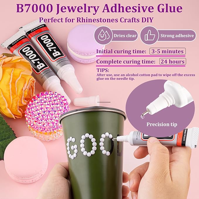 Resin Jelly Rhinestones for Crafting with B7000 Jewelry Glue, 1 Box White Flatback Crystal with 3Pcs 10ml Glue, Bedazzling Non Hotfix Gems for DIY Tumblers Clothing Shoes Manicure