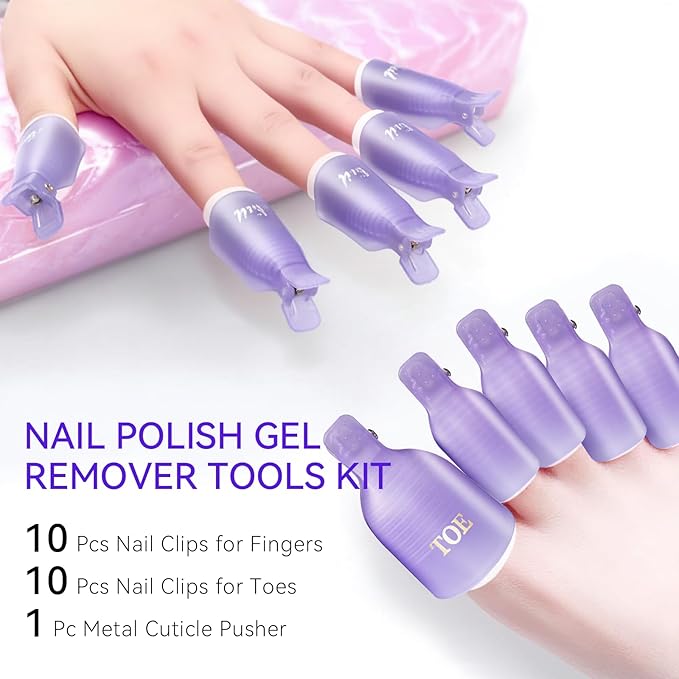 Makartt Nail Polish Remover Clips Kit, 20PCS Reusable Nail Soak Off Clips for Fingers & Toes, Acrylic & Nail Remover Tools, Double-Ended Cuticle Pusher, Fast, Mess-Free Gel Removal at Home or Salon
