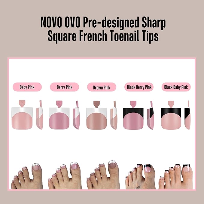 NOVO OVO Halloween Black French Tip Toe Nail Tips Press on, BABY PINK Sharp Square Pre-Designed Soft Gel False Toenail Extension, Medium Wide Fake Toenails, Full Cover Acrylic for DIY 15 Sizes 240 pcs