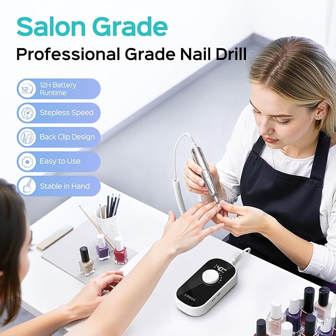 COSLUS Professional Rechargeable Electric Nail Drill 40000 RPM, Portable Nail File with Storage Stand for Acrylic Gel Polishing Removing - Easy to Use for Women, Manicure at Home DIY or Salon, White