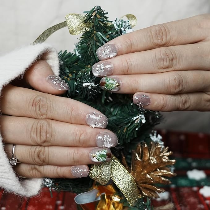 Winter Bling Press on Nails Short Coffin Handmade Fake Nails with 3D Snowflake Gems Design, Silver Glitter Artificial Nails Tree Light Design Reusable Stick on Nails (Winter Snow Scene,S)