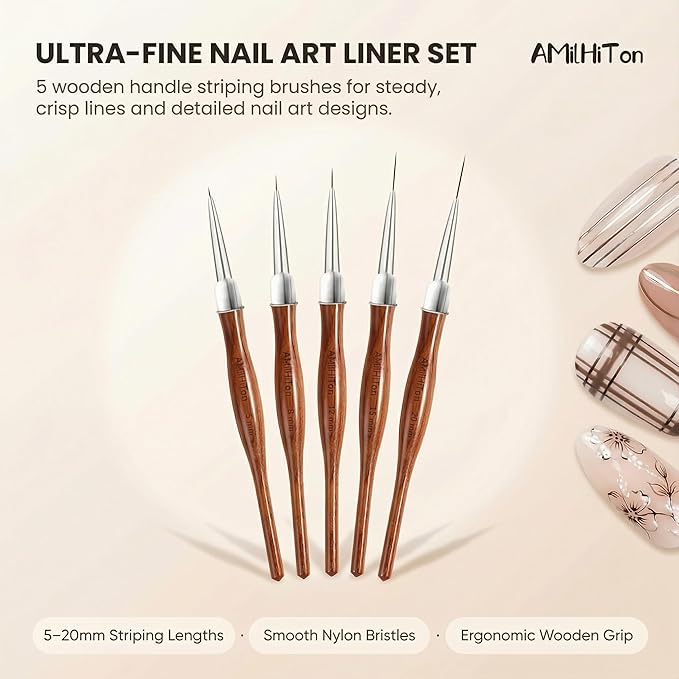 5 Pcs Nail Art Liner Brushes, Wooden Handle Striping Brushes for Ultra Fine Lines, Plaid & Floral Detailing, Gel Polish & Acrylic Painting, 5/8/12/15/20mm (Wood Color)