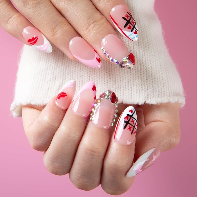 LOVFUL Valentine's Short Press on Nails Heartbeat Diary | Handmade Acrylic Press ons | Reusable Fake Nails | Almond Regular 1.0 in | H729-M