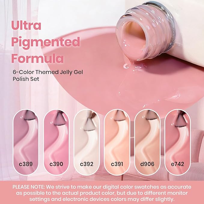 Beetles Sheer Blush Nude Gel Nail Polish Set - 6 Colors 15ML Nude Pink Brown Neutral Jelly Gel Polish Kit Sheer Translucent Effect Soak Off UV Nail Art Design Manicure Gift for Women