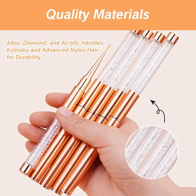 BRBASAP 5Pcs Gel Nail Brush Set Gel Nail Art Brushes with Cap Rose Gold Rhinestone Handle Liner Brush for Acrylic Hard Nails and Young Nails Professional Nail Polish Design Set for Salon DIY