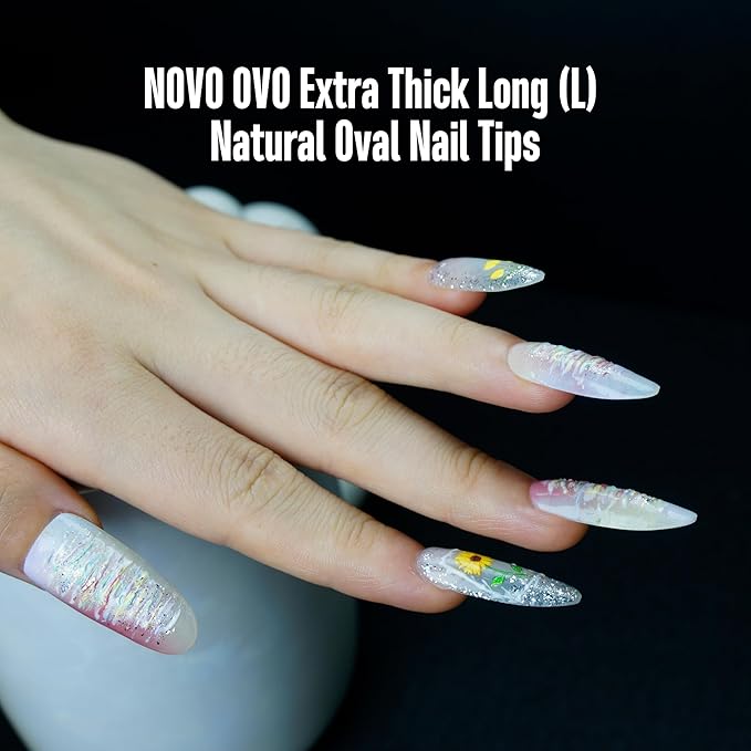NOVO OVO Long Oval Nail Tips NATURAL (Not SCULPTED) for Flat Nail Beds, Extra Thick L Length False Nails Press on, Full Cover Soft Gel Fake Nail Extension, Salon DIY x 15 Sizes 450 pcs