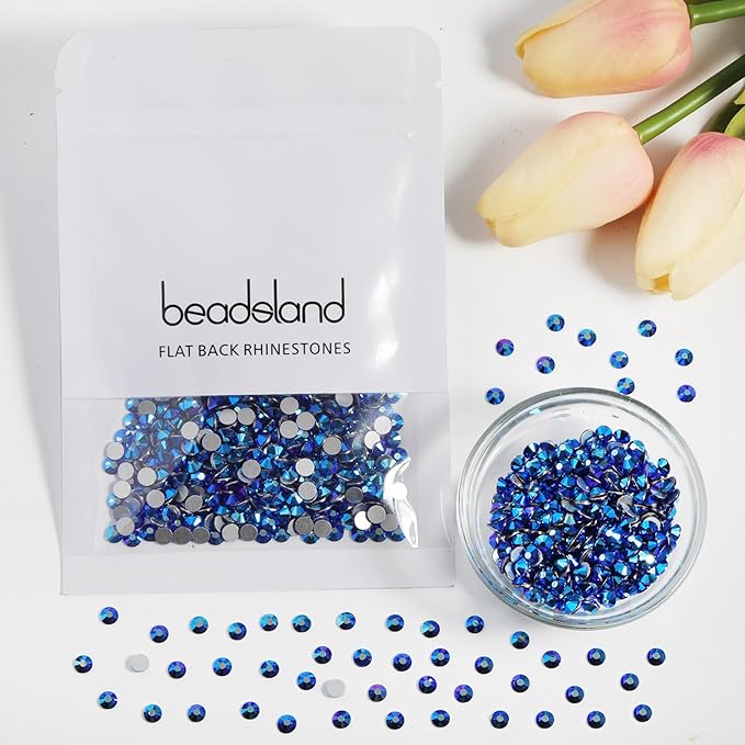 Beadsland 1440pcs Flat Back Crystal Rhinestones Round Gems for Nail Art and Craft Glue Fix, Sapphire AB, SS16, 3.8-4.0mm