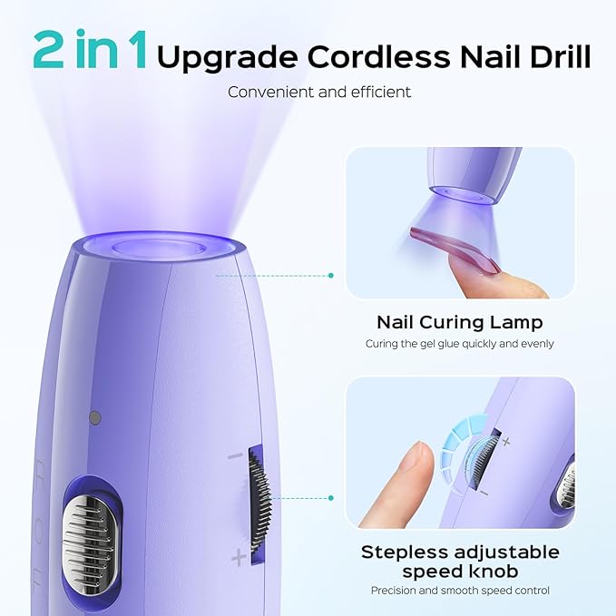 COSLUS Cordless Nail Drill Electric C41(END04): 2-in-1 Nail File with Flash Cure for Acrylic Gel Dip Powder Nails, Stepless Control for Beginner Home DIY, Portable & Professional Pedicure Kit