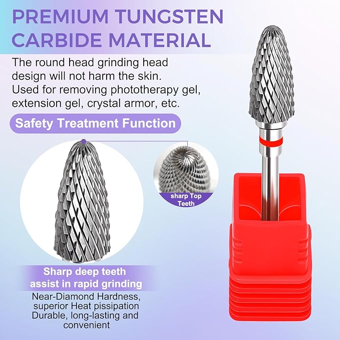 Fantexy 3/32" Carbide Nail Drill Bit - Remove Acrylic Hard Gels Quickly and Safely,Professional Cone Tungsten Drill Bits Set Nail File Acrylic for Manicure,Pedicure,Cuticle Cleaner(Fine - F)