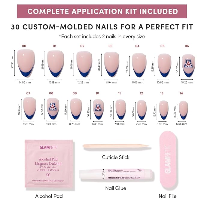 Glamnetic x Fanatics Press On Nails - Arizona Wildcats | Short Almond Fake Nails, Collegiate Blue French Tips, College Nails, Salon-Quality | 15 Sizes - 30 Nail Kit with Glue