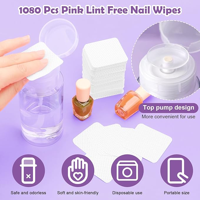 1080 + 3 Pcs Lint Free Nail Wipes Kit, Disposable Nail Polish Remover Pads Non-Woven Nails Eyelash Extensions Wipes, Nail Polish Remover Wipes with 200 ML Bottle, 2 Pcs Cuticle Pusher (White)