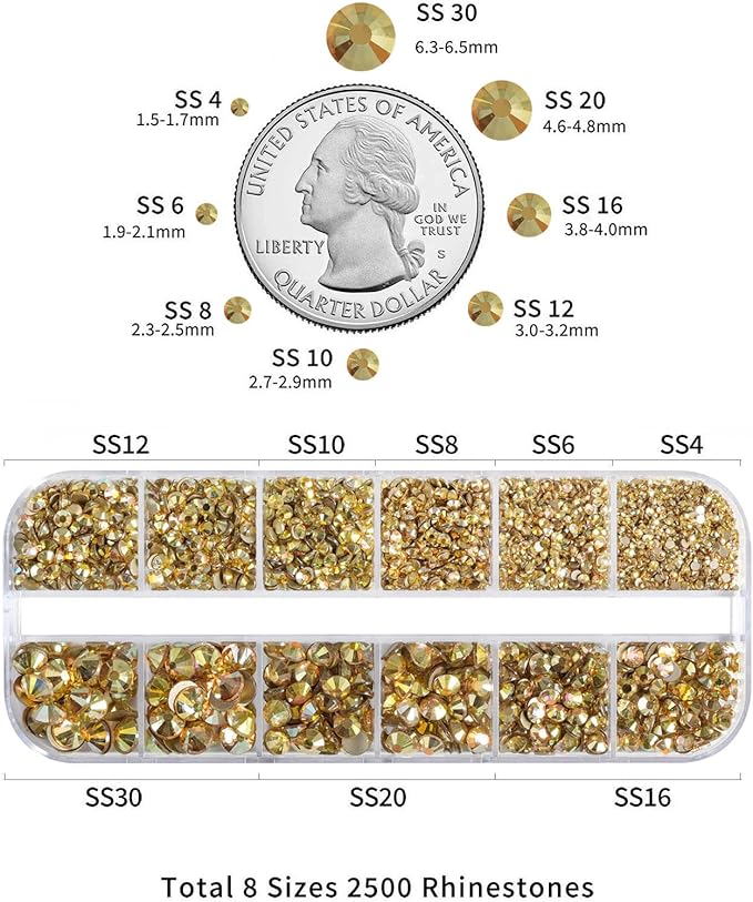 Beadsland Rhinestones for Makeup,8 Sizes 2500pcs Gold Flatback Rhinestones Face Gems for Nails Crafts with Tweezers and Wax Pencil,Metal Sunlight,SS4-SS30