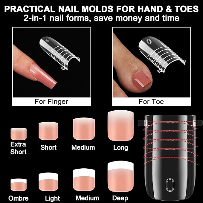 160 Pcs Toe Dual Nail Forms for Poly Gel & Builder Gel Toenail Extension - 16 Sizes Reusable Full Cover Square Toenails Molds - Professional Pedicure Nail Tips for Salon & DIY at Home