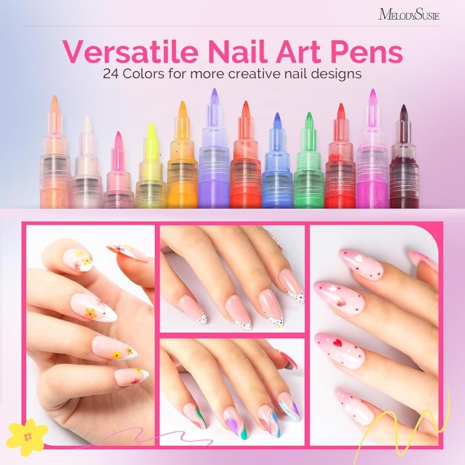 MelodySusie Nail Art Pens Set, 24 Colors 0.7MM Nail Polish Pens for Nail Art, Nail Dotting Tool, Drawing Pen for Nail Design, Manicure Nail Pens for Salon and DIY at Home