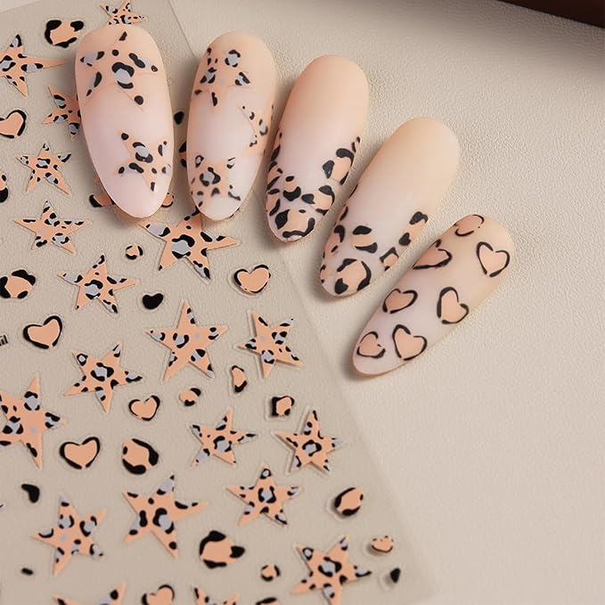 Leopard Print Nail Stickers Fall 5D Embossed Nail Art Stickers Autumn Nail Decals with Stars Designs Brown Pink DIY Self-Adhesive Nail Art Supplies 4 Sheet