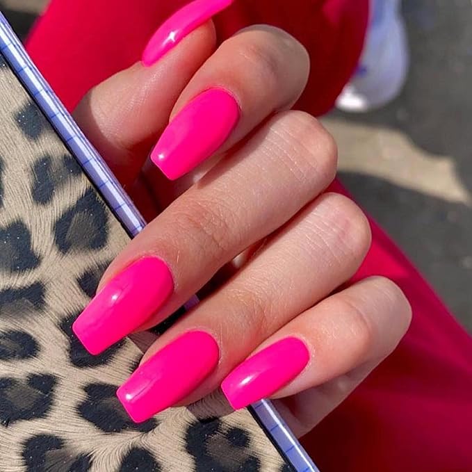 KQueenest Hot Pink Press on Nails Long Medium Square, Neon Pink Fake Nails Medium Coffin, Glossy Sheer Acrylic Nails Press ons, Reusable Vibrant Soft Gel Glue on Nails for Women Summer, Fushia