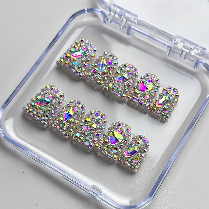Luxury Press on Nails Short Duck Handmade 3D Unique Reusable ABS Material Fake Nails False Nails with Designs Full Rhinestones Sparkly Glossy Glue on Nail Thick Acrylic Nail(M)