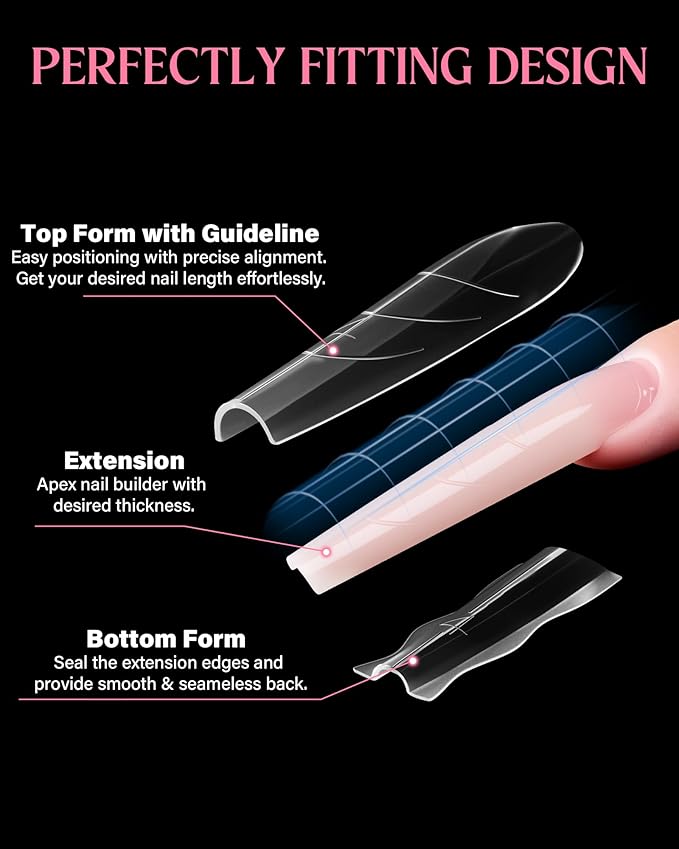 Sandwich Nail Dual Form Kit - 360 PCS Coffin & Almond Dual Forms for Nail Extensions, 15 Sizes, Reusable Plastic Forms for Polygel, Acrylic, Builder Gel - Perfect for DIY & Salon Use