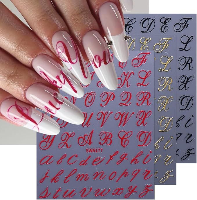 8 Sheets Letter Nail Stickers for Nail Art Retro English Letter Nail Art Stickers 3D Self-Adhesive Red Blue Gold Black Retro English Pattern Old Alphabet Cursive Design Letter Nail Decals for Acrylic
