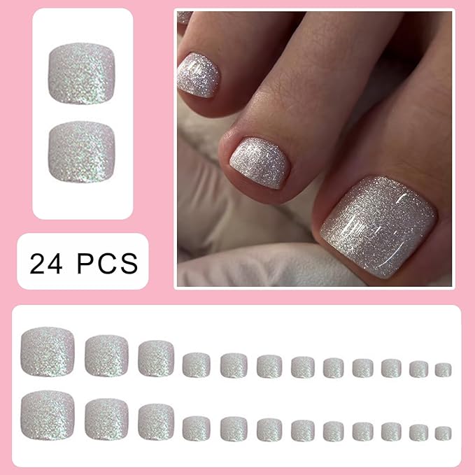 Silver Glitter Press on Toe nails Short Square Fake Toe Nails Solid Color Toe Nail Tips Sparkling Silver False Toenails Glossy Summer Acrylic Toe Nails Decorations for Women Girls 24Pcs