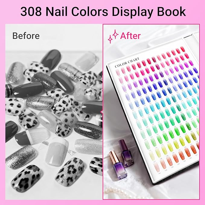 Segbeauty 308 Color Nail Sample Book Organizer, Black Nail Polish Display Book Swatches, Fake Nails Color Swatches with 360 False Tips, Art Salon Gel Nails Polish Display Case Boxes Holder Container