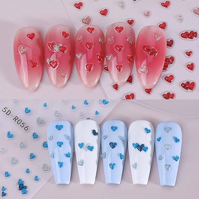 4 Sheets Valentines Nail Stickers - Embossed Heart Nail Art Decals - Self Adhesive Little Hearts Stickers for Nails,Vday DIY Manicure Decorations for Women