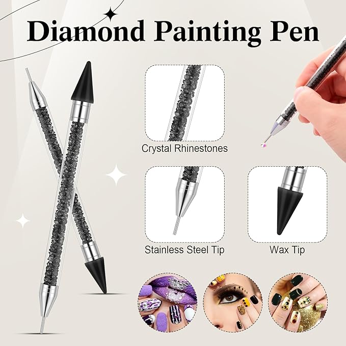 Tatuo Rhinestone Picker Tool Set Wax Pen for Rhinestones Diamond Art Painting Dual Head Dotting Pen with 2 Extra Wax Tips and 1 Nail Art Tweezer for Nail Art DIY Crafts(Black)