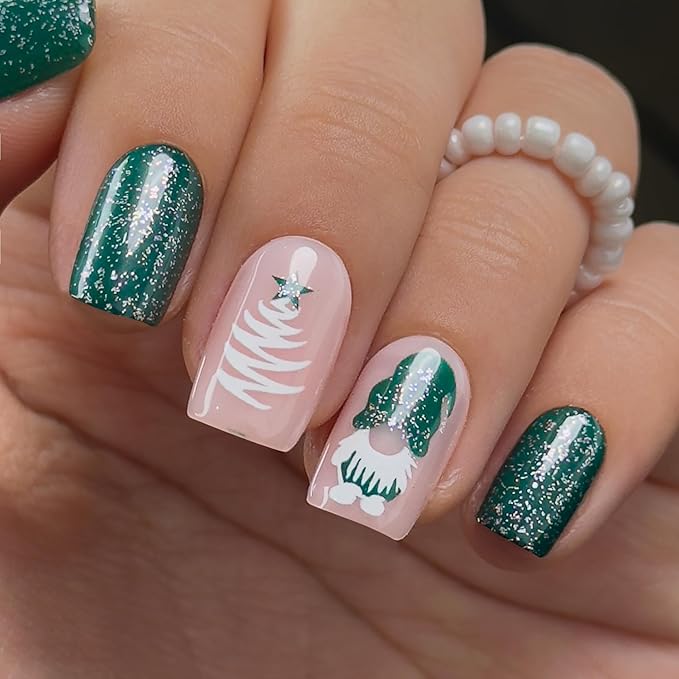 Curvlife Press on Nails Acrylic Square Fake Nails with Design Full Cover False Nails for Women Reusable Nail Kit (Green Christmas, 32pcs)