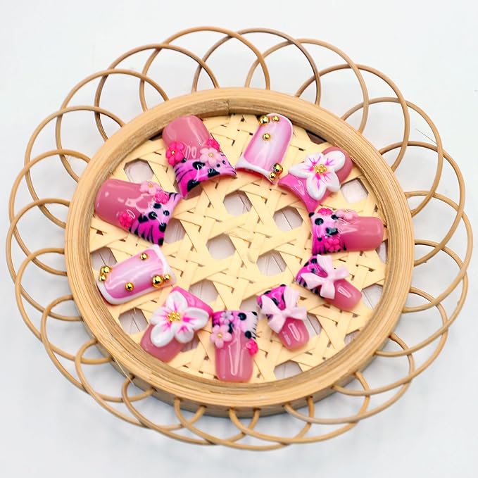 10Pcs Cute Leopard French Tip Press on Nails Handmade Fake Nails with 3D Flower Bow Design Short Duck False Nail Handmade Acrylic Nails Press ons Reusable Pink Flower Stick on Nails for Women (M)